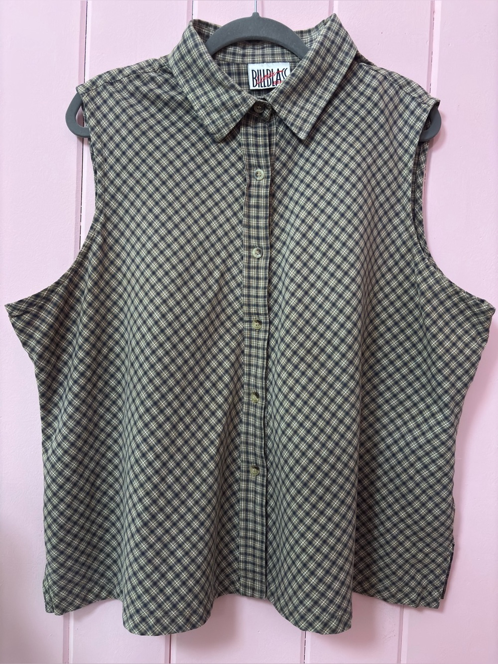 Vintage 80’s Tan & Green Plaid Sleeveless Button Up Collared Flannel Blouse - 2X
